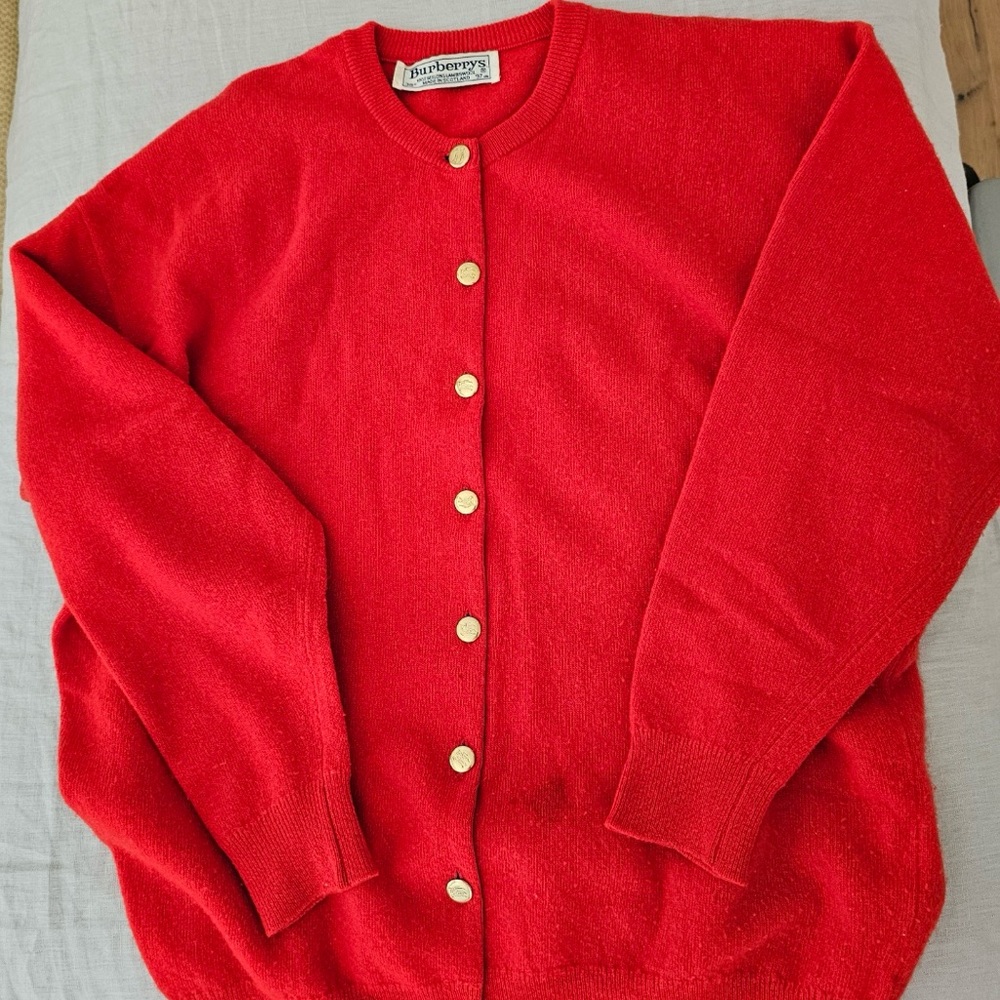 Burberry Red Crewneck Cashmere Blend Cardigan with Gold Buttons